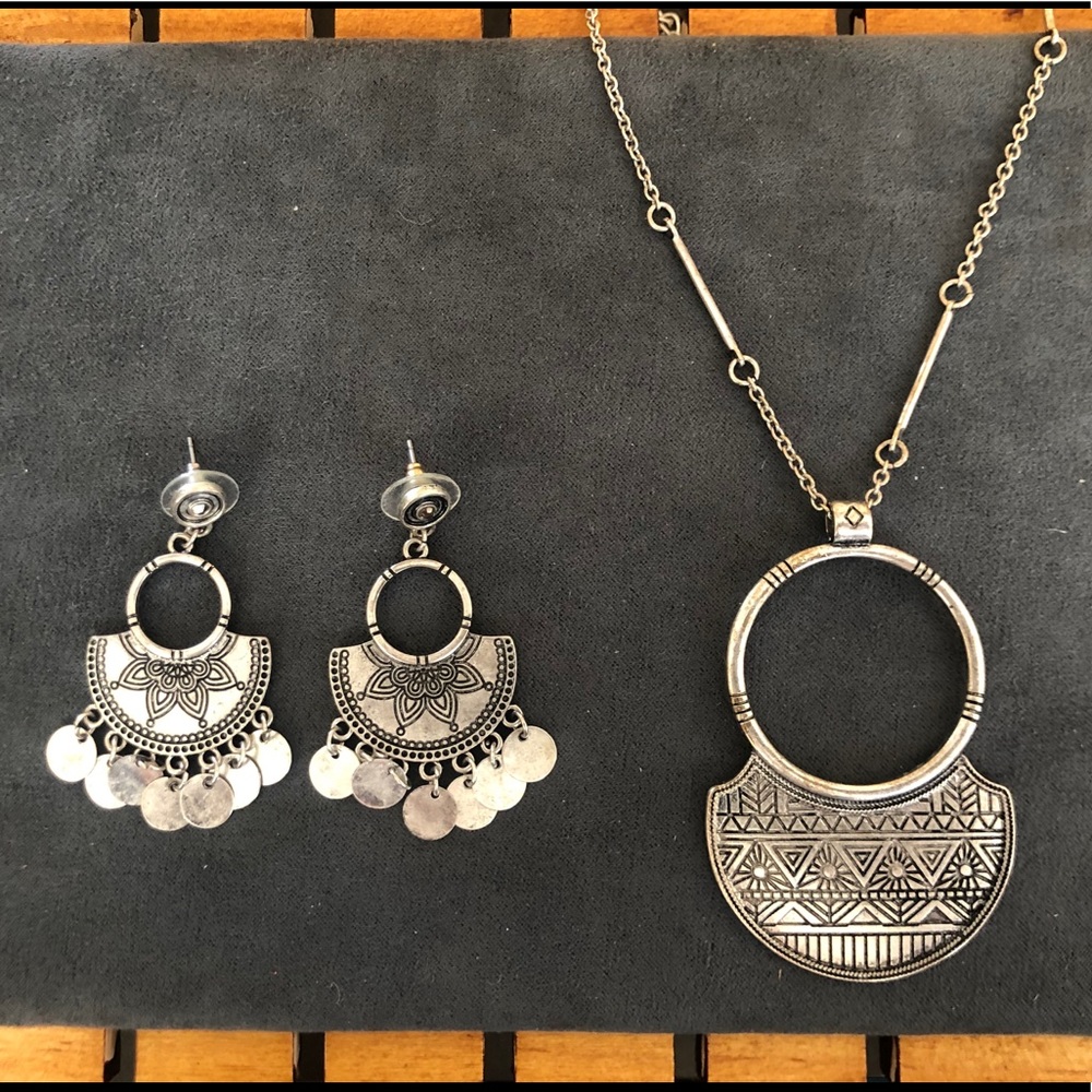 Boho Tribal Long Silver Necklace & Earrings